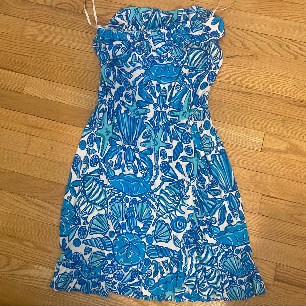 Lilly Pulitzer Shelli Blue Flor Strapless Dress L